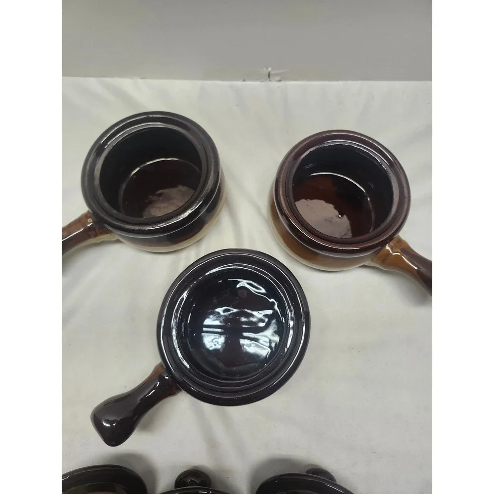 Vintage Brown Glazed Ceramic French Onion Soup Crocks with Lids Set of 3